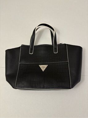GUESS Black Croc-Embossed Tote Bag with White Trim